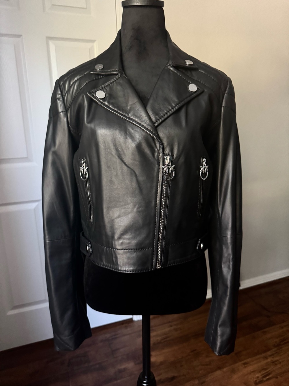 NWT Pinko Black Nappa Leather Moto Biker Jacket Silver Lovebird Hardware size 8